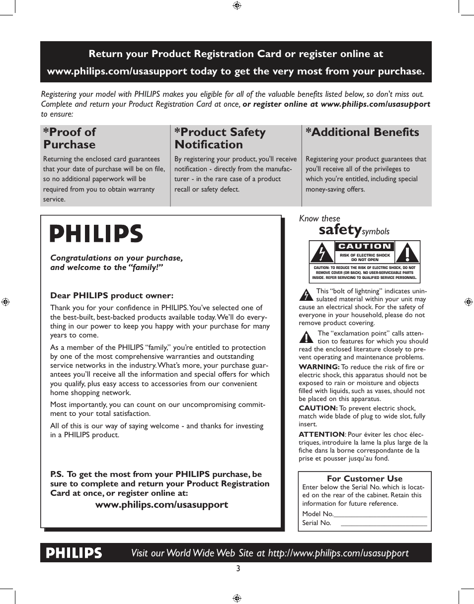 Safety, Proof of purchase, Product safety notification | Additional benefits | Philips 27PT6341-07 User Manual | Page 3 / 39