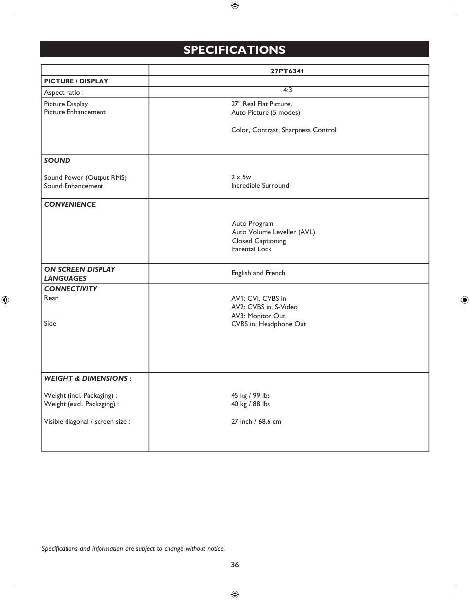 Specifications | Philips 27PT6341-07 User Manual | Page 36 / 39