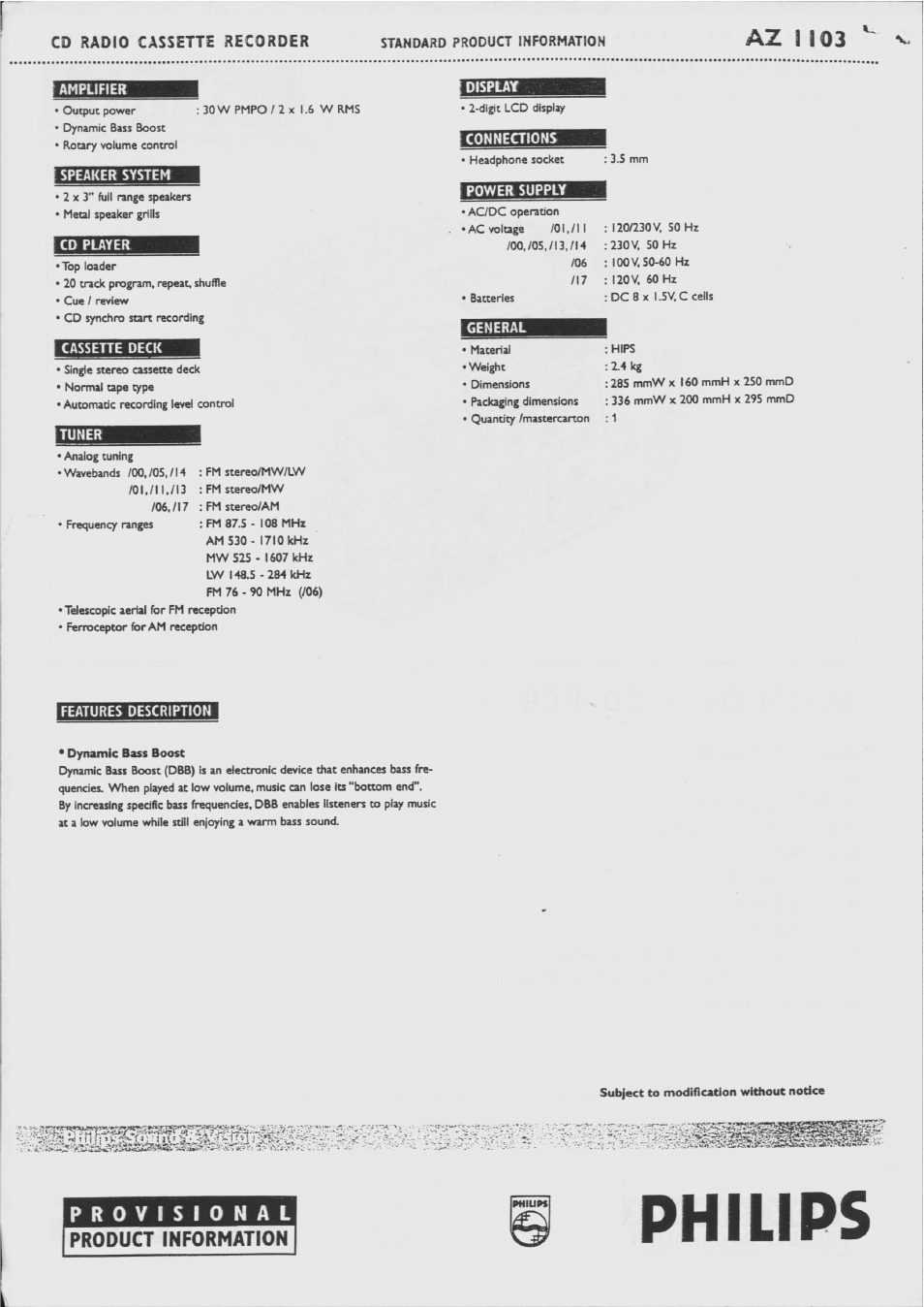 Standard product information, Amplifier, Speaker system | Cd player, Cassette deck, Tuner, Conneaions, Power supply, General, Features description | Philips AZ1103-17 User Manual | Page 2 / 2