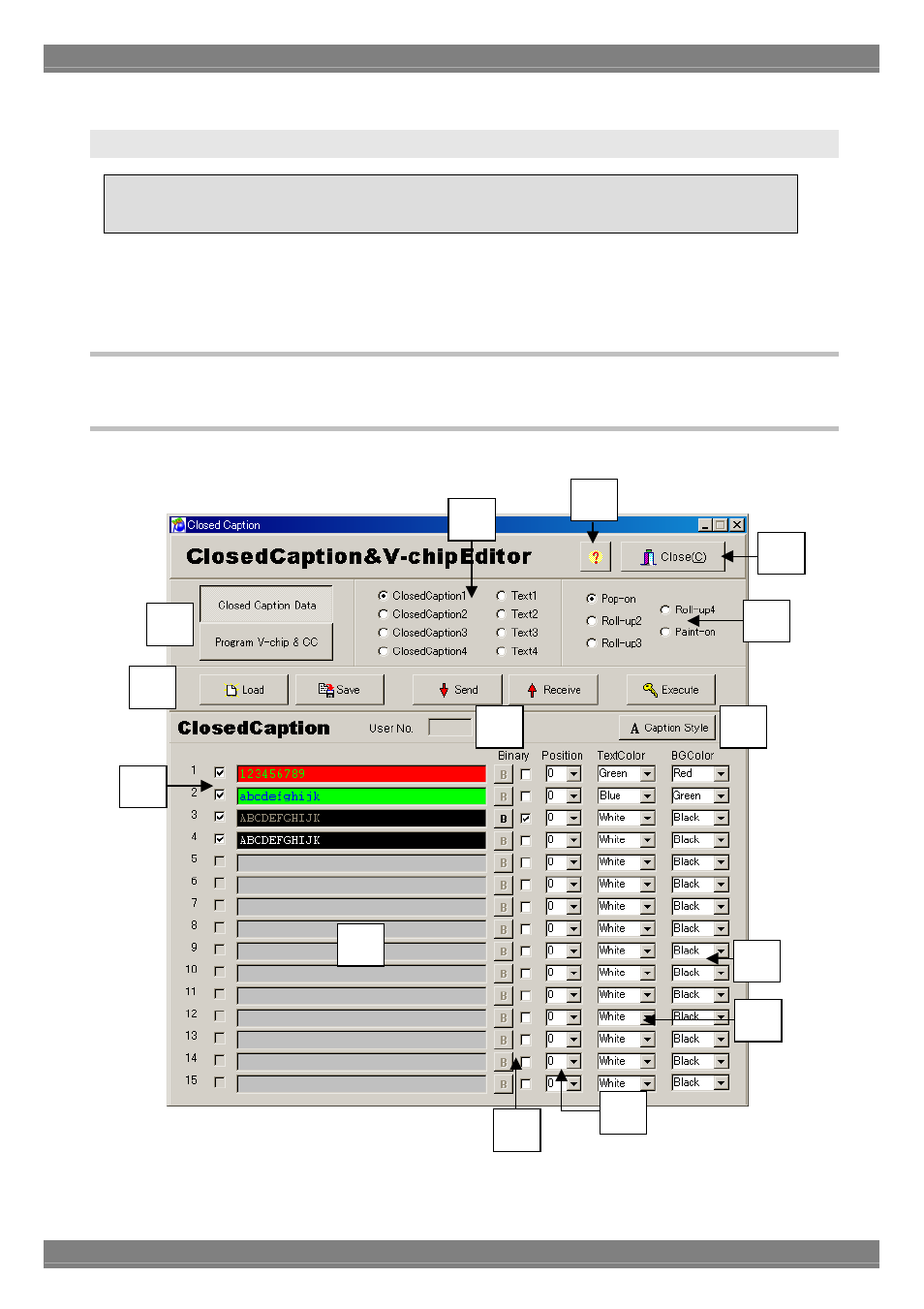 Closedcaption/v-chip data transmission tool, Startup method, Window screen displays and descriptions | Caption data setting screen | Astro Design PORTABLE SIGNAL GENERATOR PROGRAMMING SOFTWARE SP-8848 User Manual | Page 113 / 127