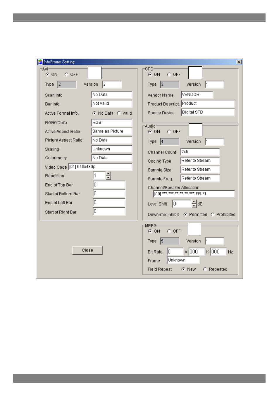 Infoframe data setting screen | Astro Design PORTABLE SIGNAL GENERATOR PROGRAMMING SOFTWARE SP-8848 User Manual | Page 53 / 127