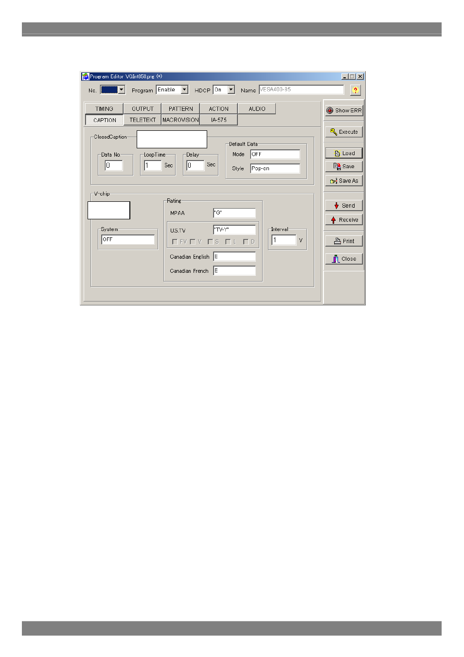 Closedcaption/v-chip data setting screen | Astro Design PORTABLE SIGNAL GENERATOR PROGRAMMING SOFTWARE SP-8848 User Manual | Page 60 / 127