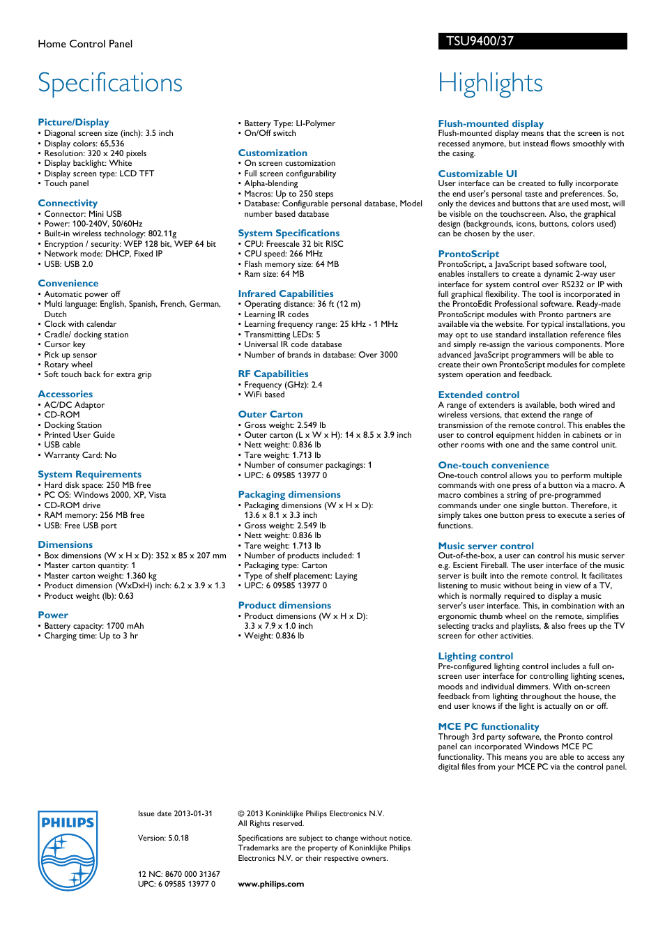 Specifications, Highlights | Philips TSU9400-37 User Manual | Page 2 / 2