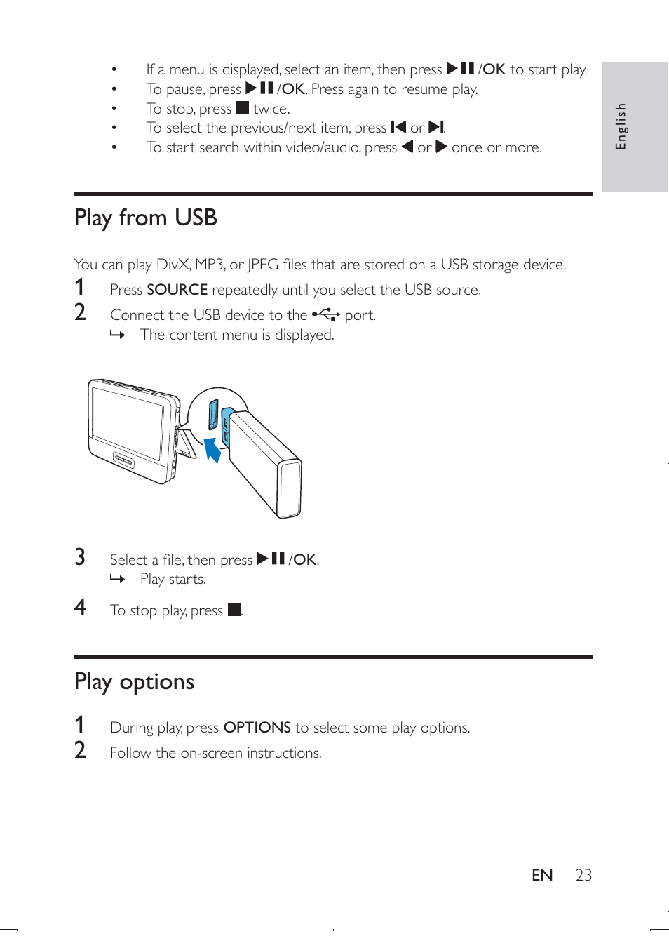 Play from usb, Play options 1 | Philips PD9003-12 User Manual | Page 22 / 32