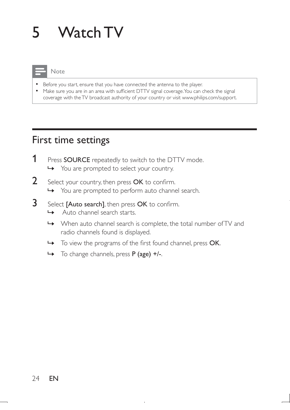 5 watch tv, First time settings 1 | Philips PD9003-12 User Manual | Page 23 / 32