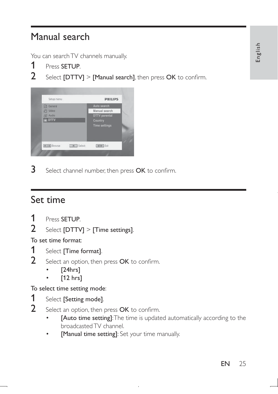 Manual search, Set time 1 | Philips PD9003-12 User Manual | Page 24 / 32