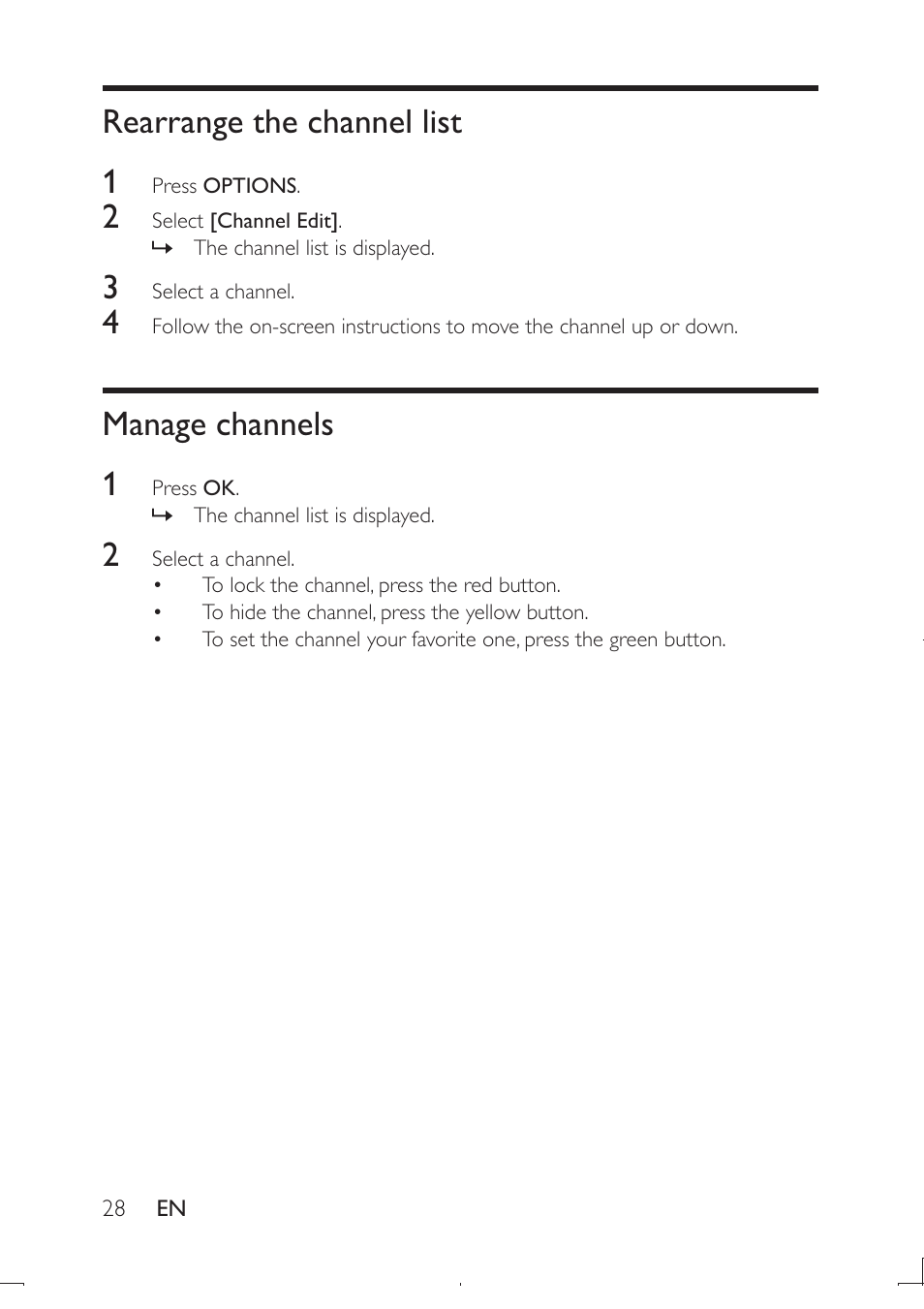Rearrange the channel list 1, Manage channels 1 | Philips PD9003-12 User Manual | Page 27 / 32