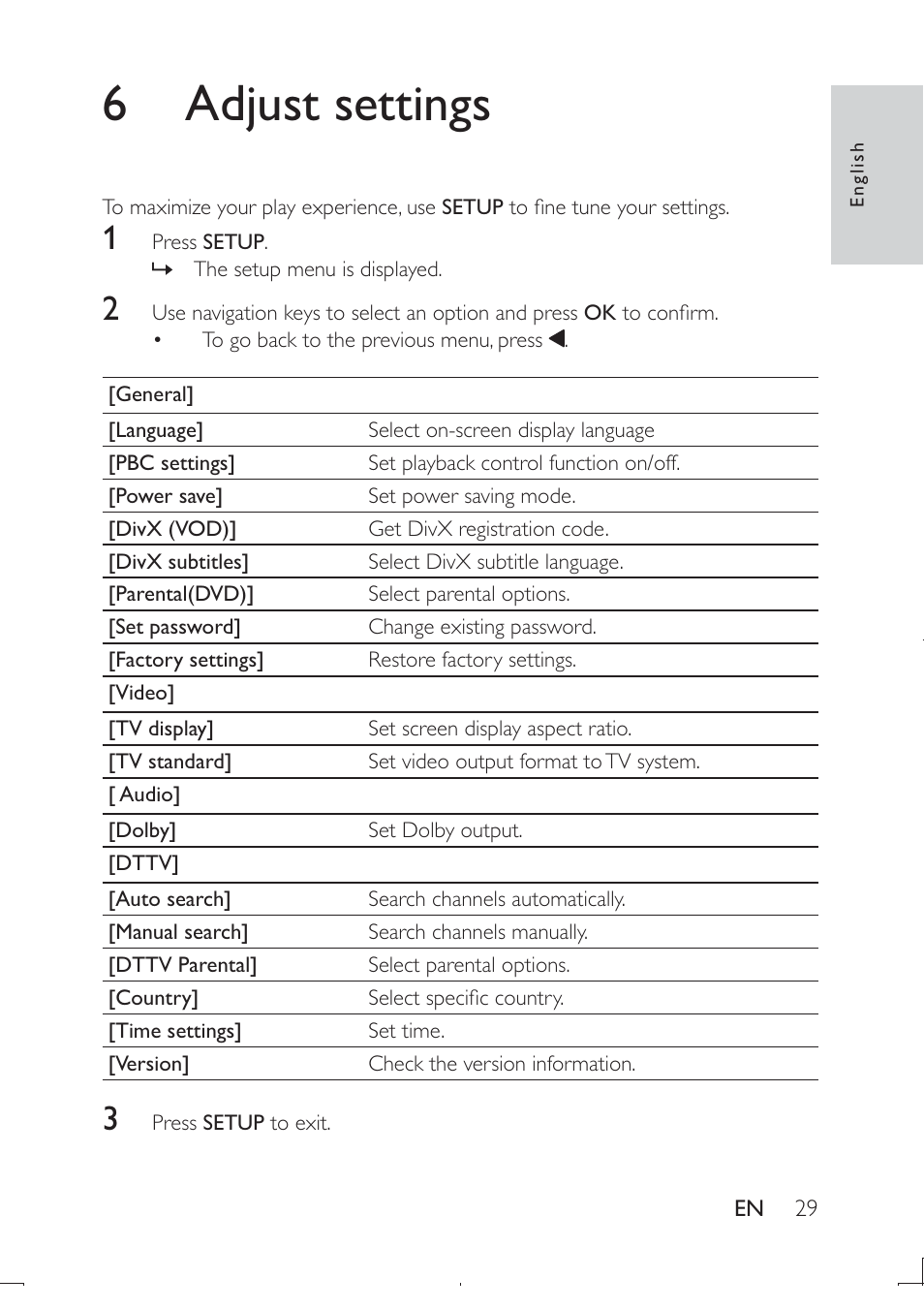 6 adjust settings | Philips PD9003-12 User Manual | Page 28 / 32