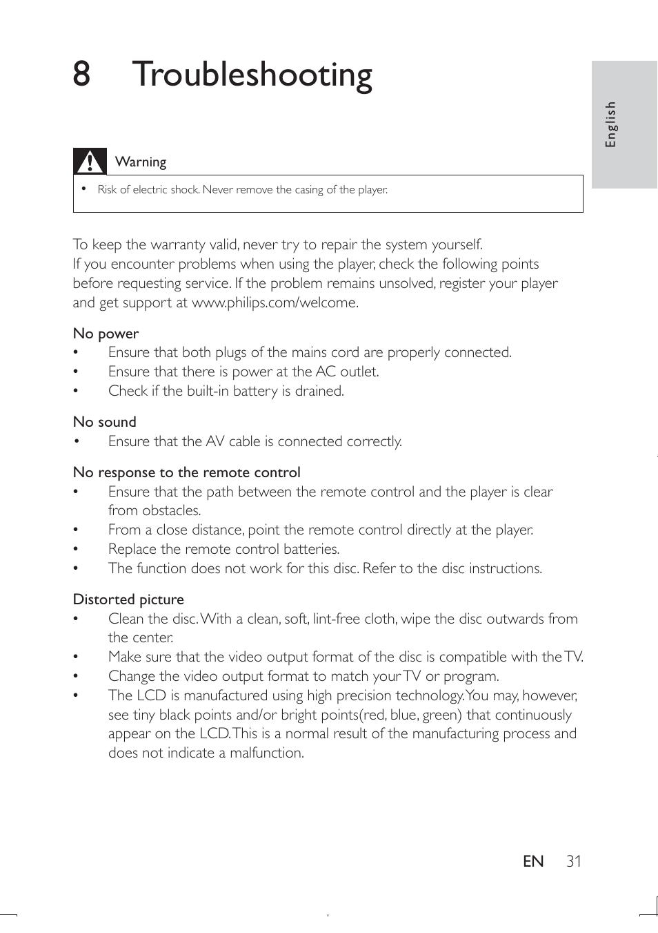 8 troubleshooting | Philips PD9003-12 User Manual | Page 30 / 32