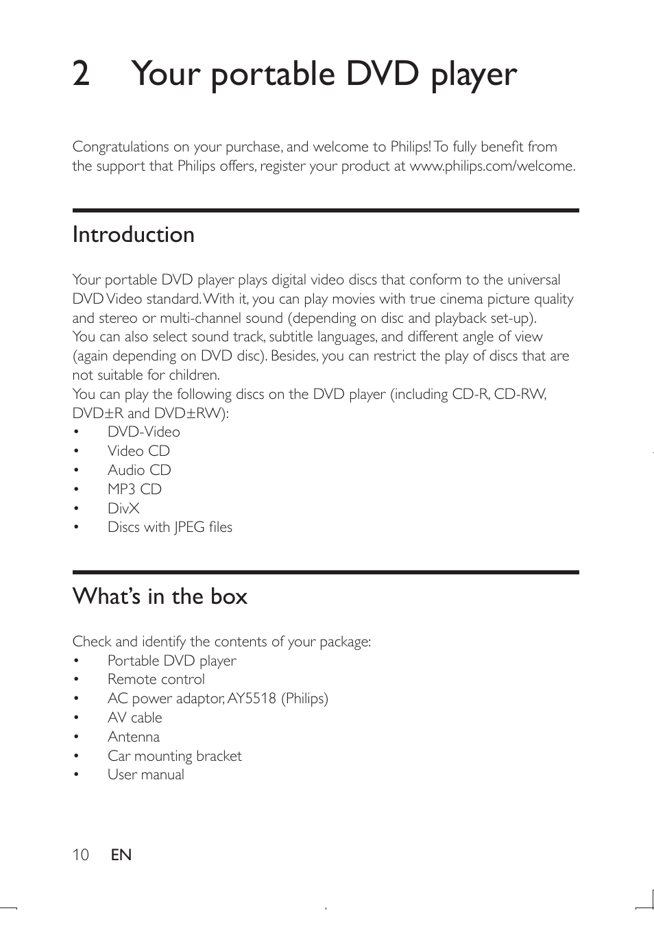2 your portable dvd player, Introduction, What’s in the box | Philips PD9003-12 User Manual | Page 9 / 32