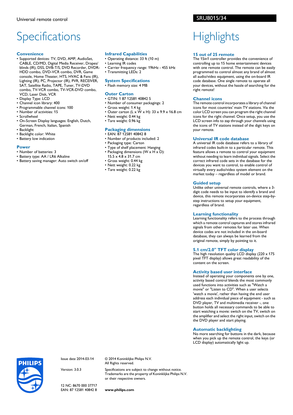 Specifications, Highlights | Philips SRU8015-34 User Manual | Page 2 / 2