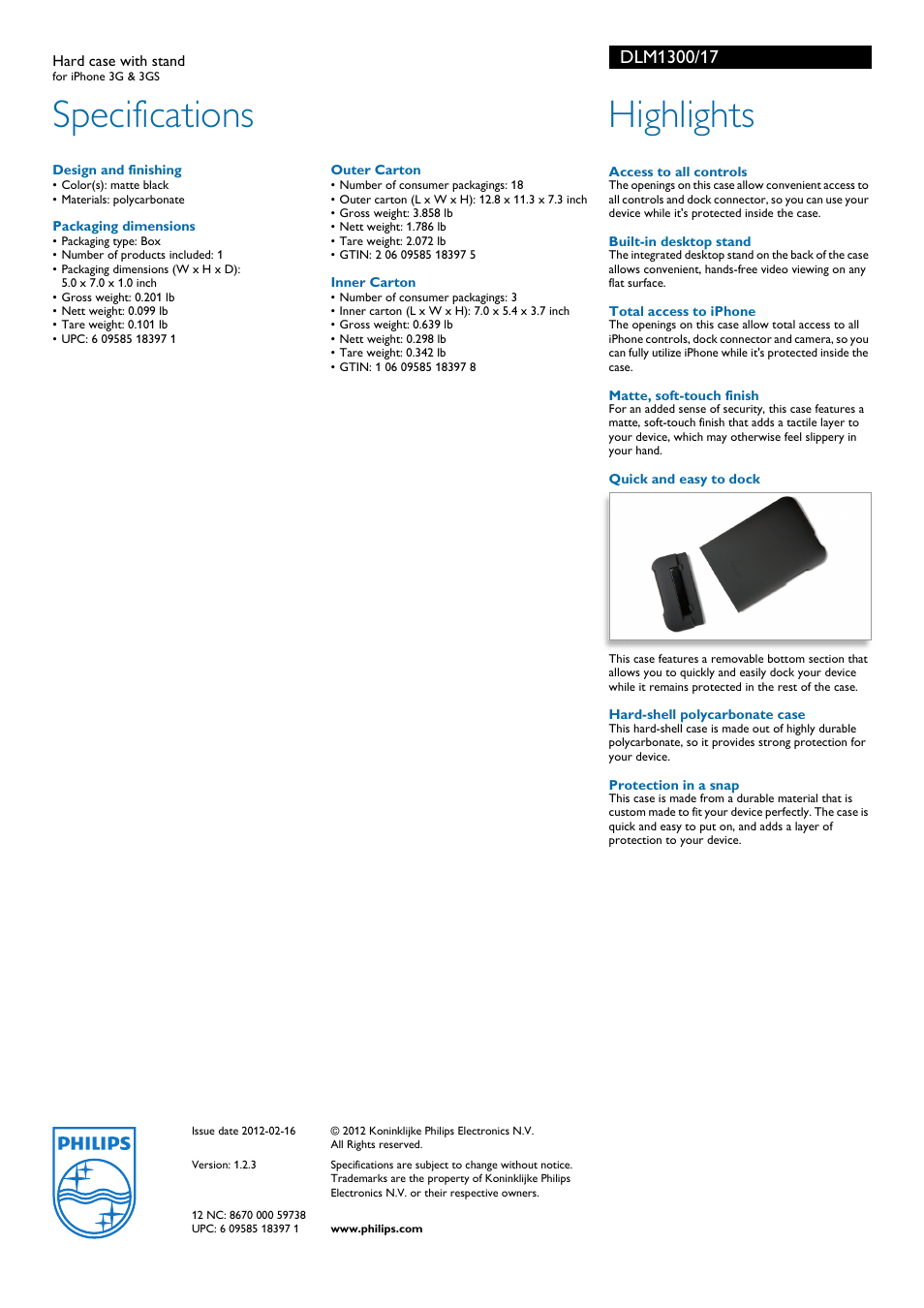 Specifications, Highlights | Philips DLM1300-17 User Manual | Page 2 / 2