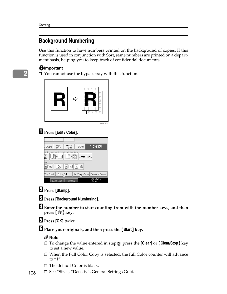 Background numbering, See p.106 “background numbering | Aristokraft LD425C User Manual | Page 128 / 206