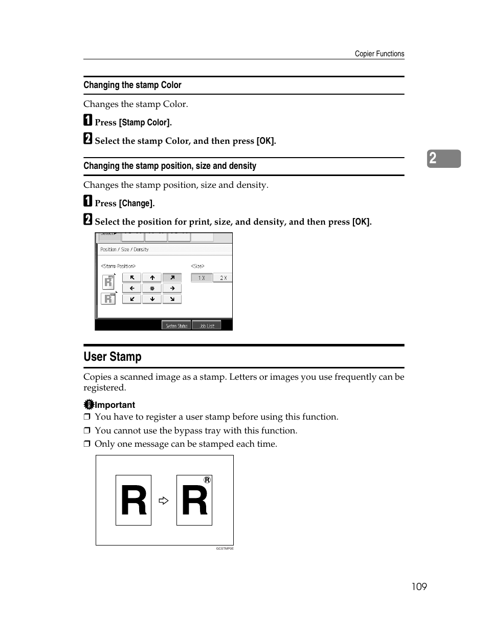 Changing the stamp color, Changing the stamp position, size and density, User stamp | See p.109 “user stamp | Aristokraft LD425C User Manual | Page 131 / 206