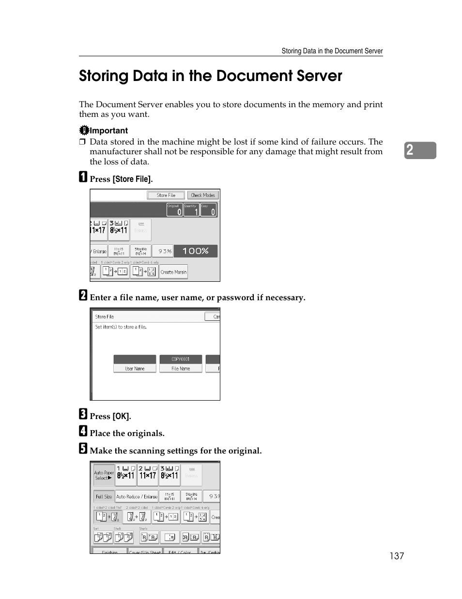 Storing data in the document server, 2storing data in the document server | Aristokraft LD425C User Manual | Page 159 / 206
