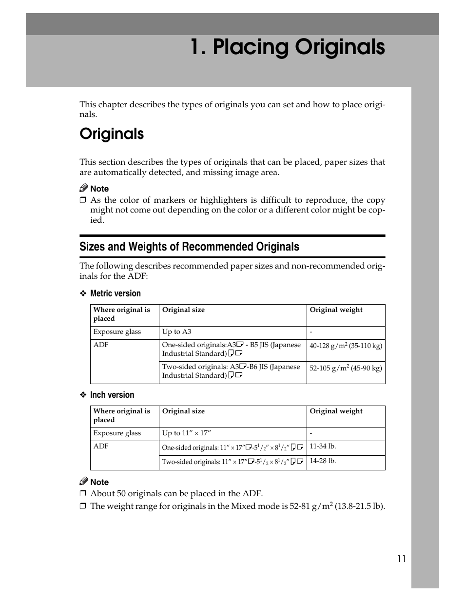 Placing originals, Originals, Sizes and weights of recommended originals | Aristokraft LD425C User Manual | Page 33 / 206