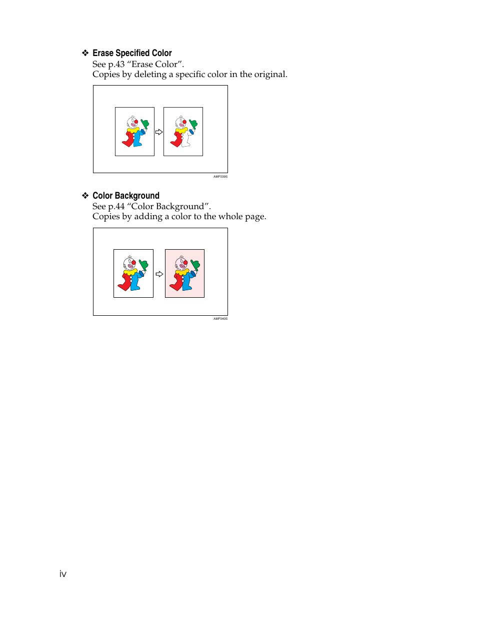 Iv ❖ erase specified color, Color background | Aristokraft LD425C User Manual | Page 6 / 206