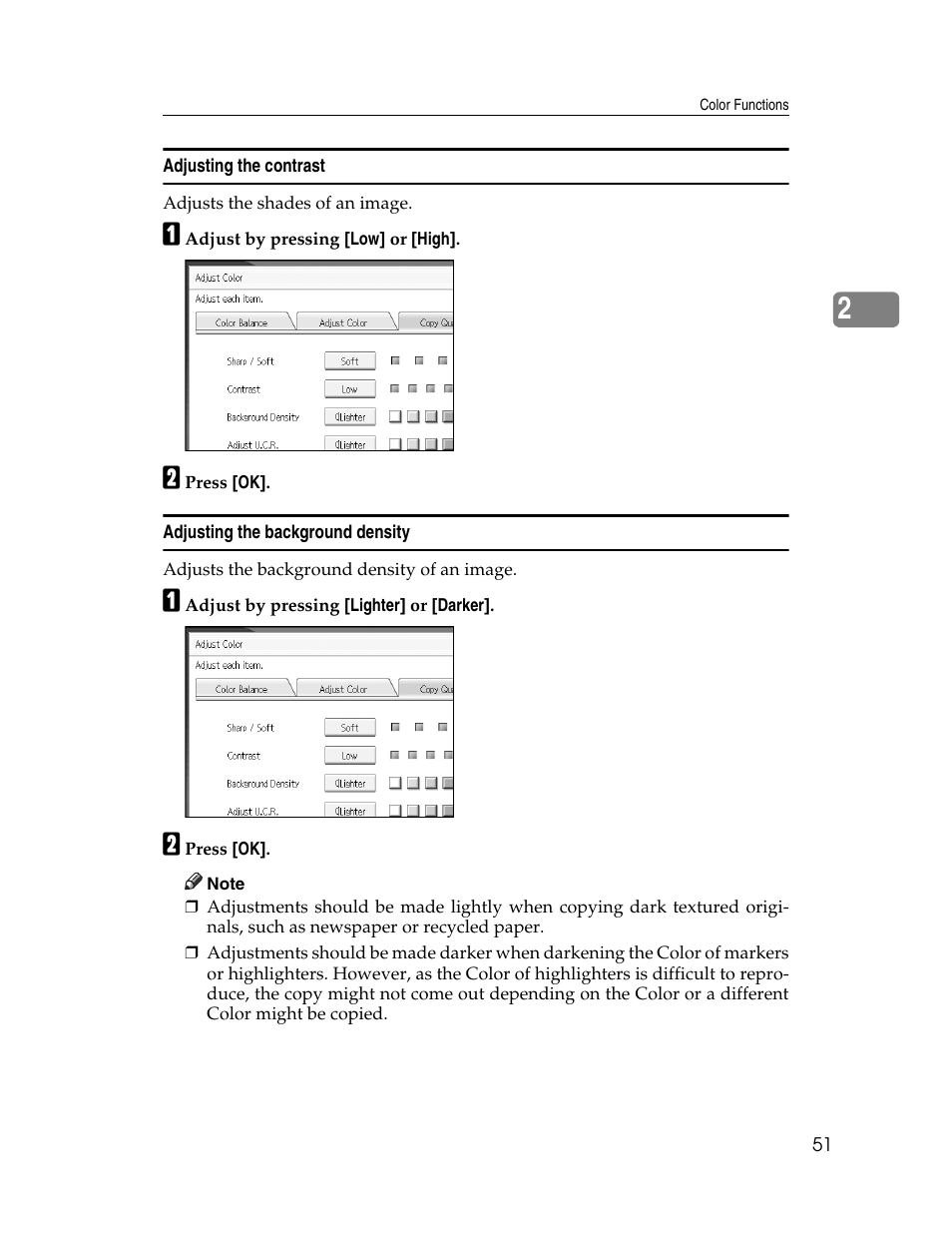 Adjusting the contrast, Adjusting the background density, See p.51 “adjusting the contrast | Aristokraft LD425C User Manual | Page 73 / 206