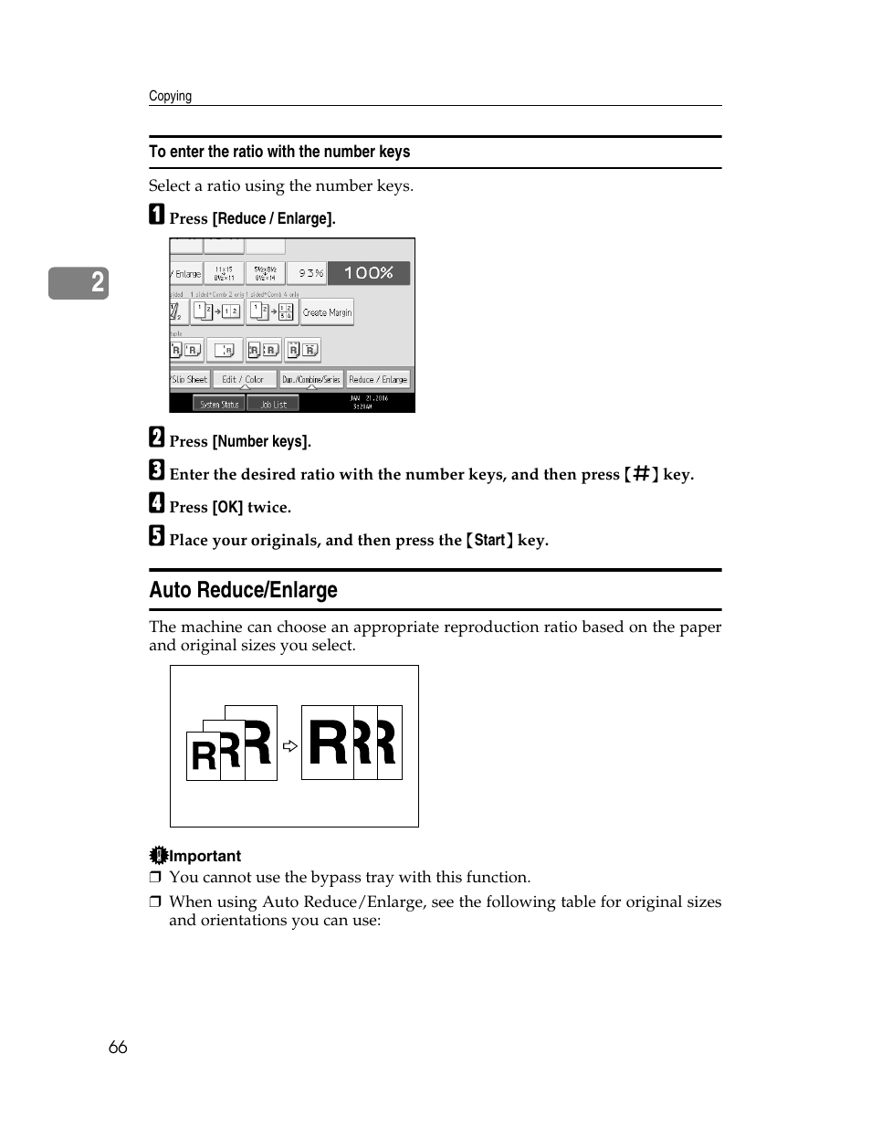 To enter the ratio with the number keys, Auto reduce/enlarge, E p.66 “auto reduce/enlarge | Aristokraft LD425C User Manual | Page 88 / 206