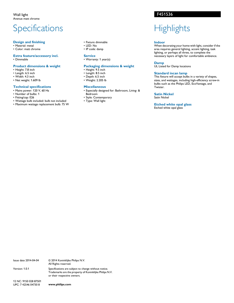 Specifications, Highlights | Philips F451536 User Manual | Page 2 / 2