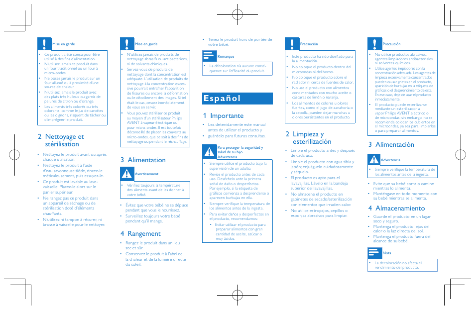Español, 2 nettoyage et stérilisation, Alimentation | 4 rangement, 1 importante, 2 limpieza y esterilización, Alimentación, 4 almacenamiento | Philips SCF714-00 User Manual | Page 2 / 2