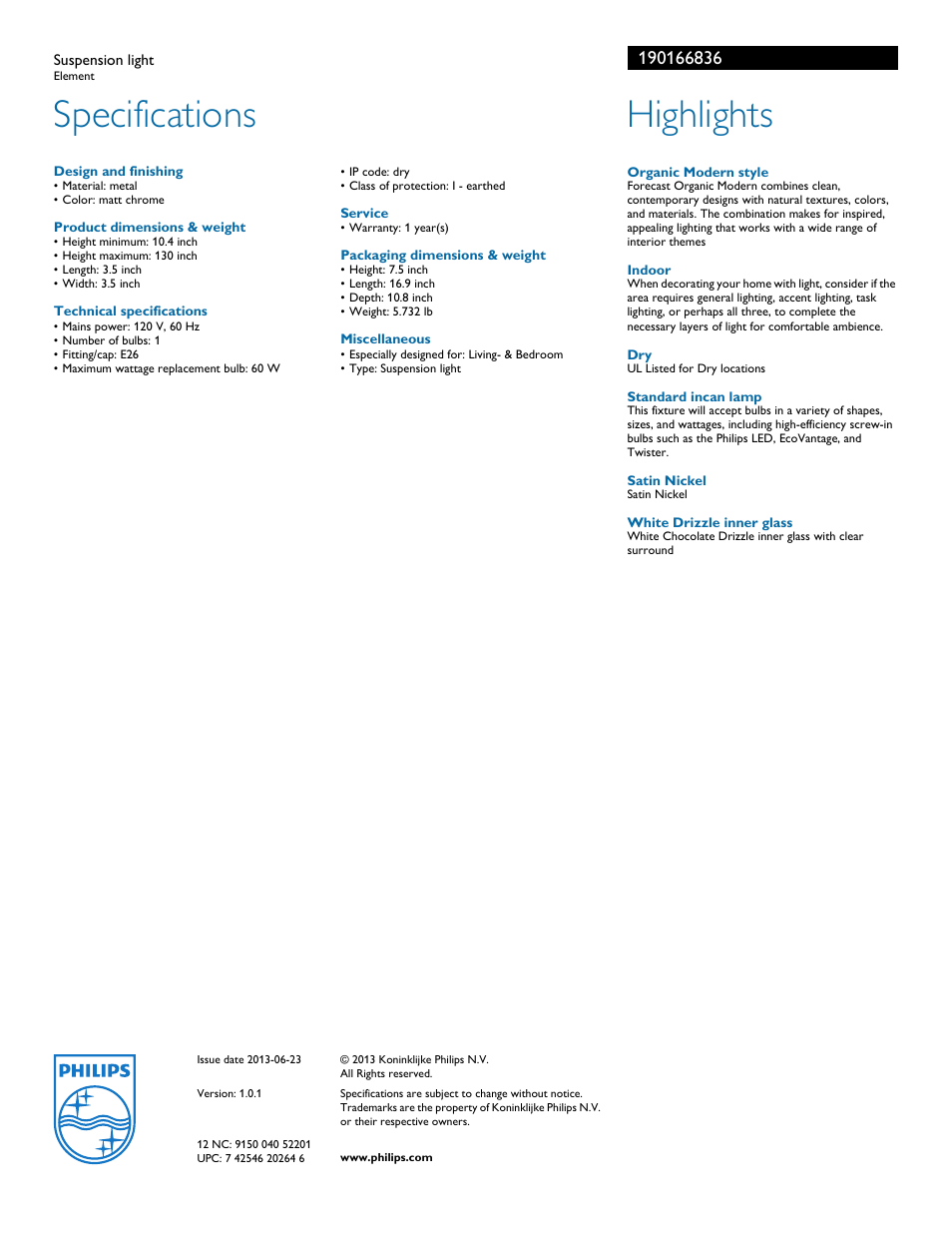 Specifications, Highlights | Philips 190166836 User Manual | Page 2 / 2