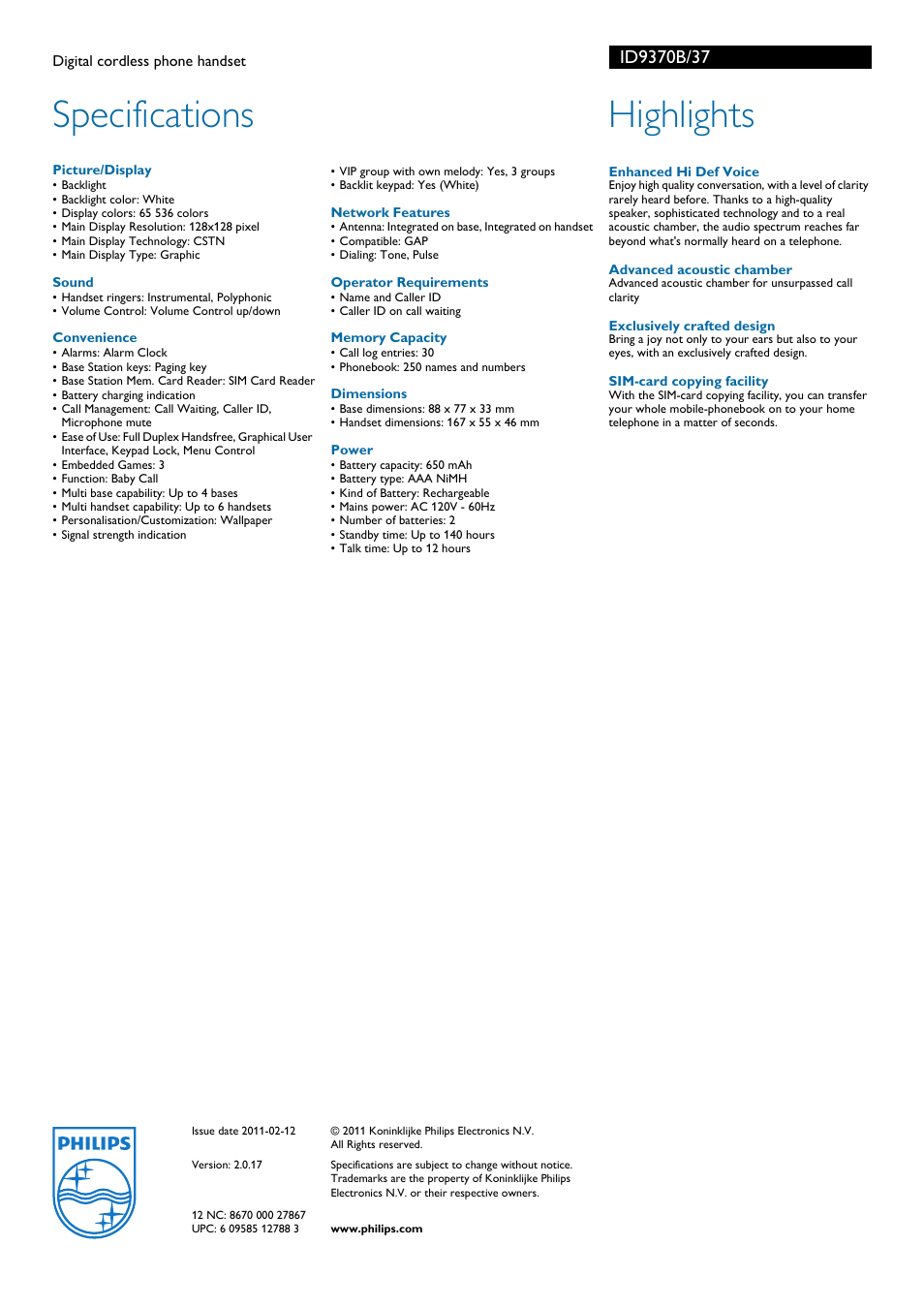 Specifications, Highlights | Philips ID9370B-37 User Manual | Page 2 / 2