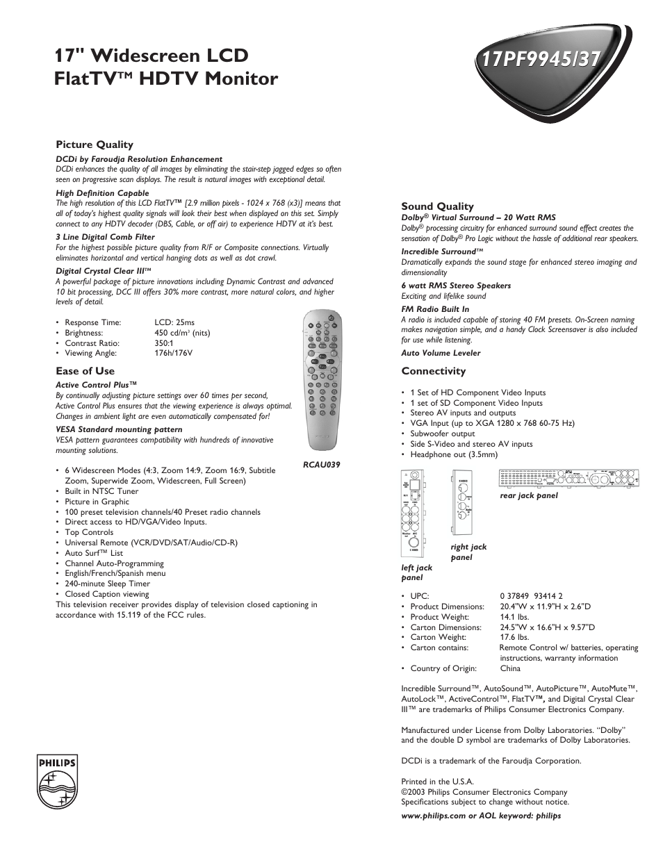 17" widescreen lcd flattv, Hdtv monitor | Philips 17PF9945-99 User Manual | Page 2 / 2