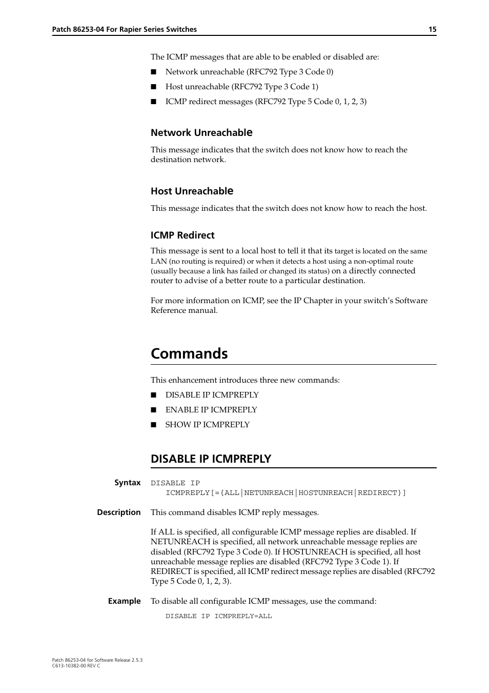 Network unreachable, Host unreachable, Icmp redirect | Commands, Disable ip icmpreply | Allied Telesis Rapier Series User Manual | Page 15 / 22