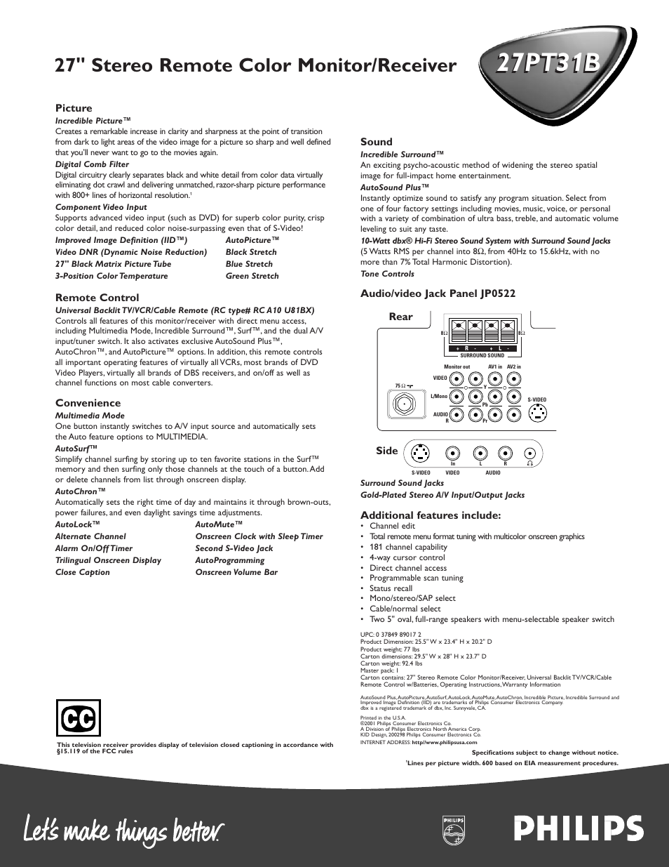 27pt31b, 27" stereo remote color monitor/receiver, Picture | Remote control, Convenience, Sound, Audio/video jack panel jp0522, Additional features include, Rear side | Philips 27PT31B User Manual | Page 2 / 2