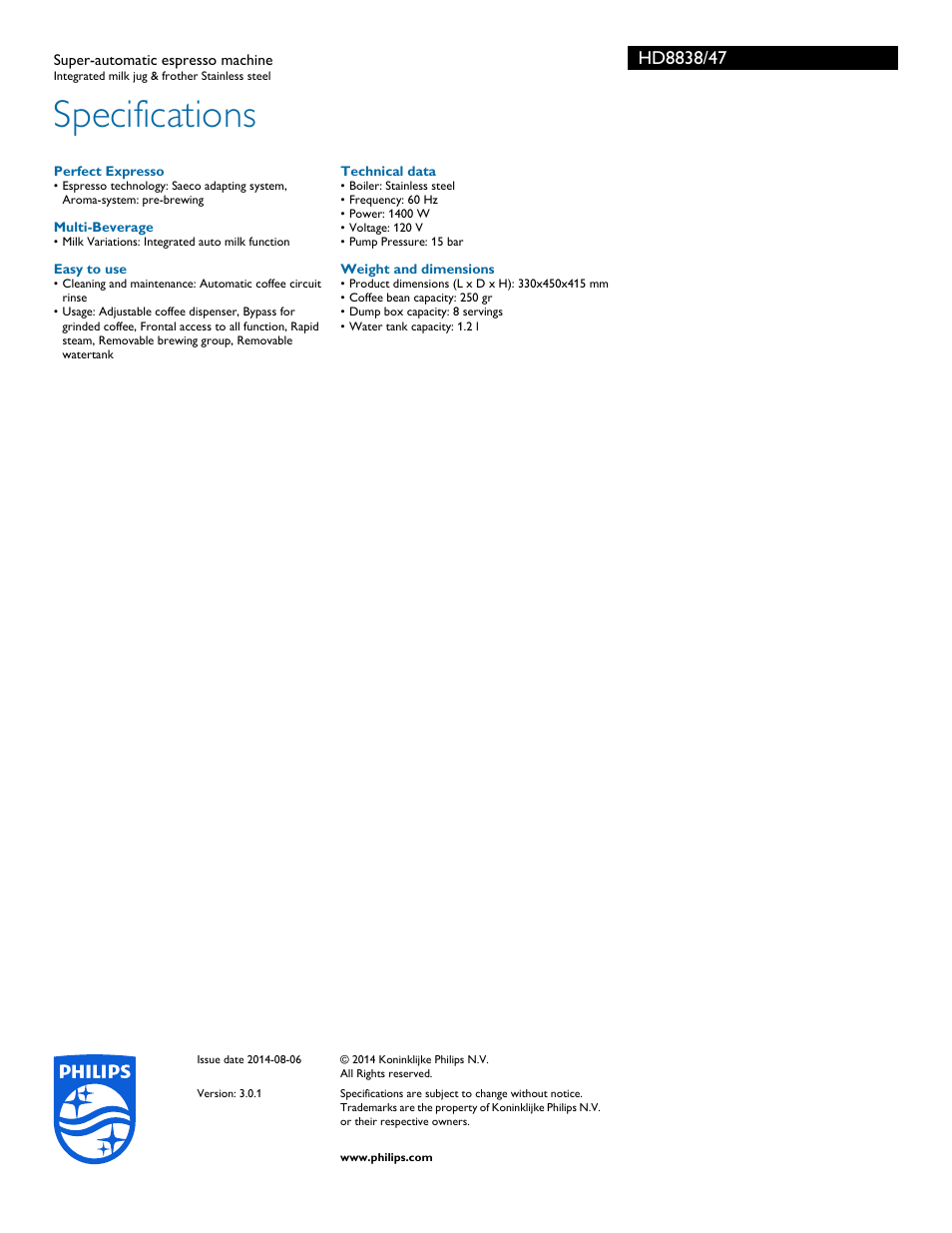Specifications | Philips HD8838-47 User Manual | Page 3 / 3