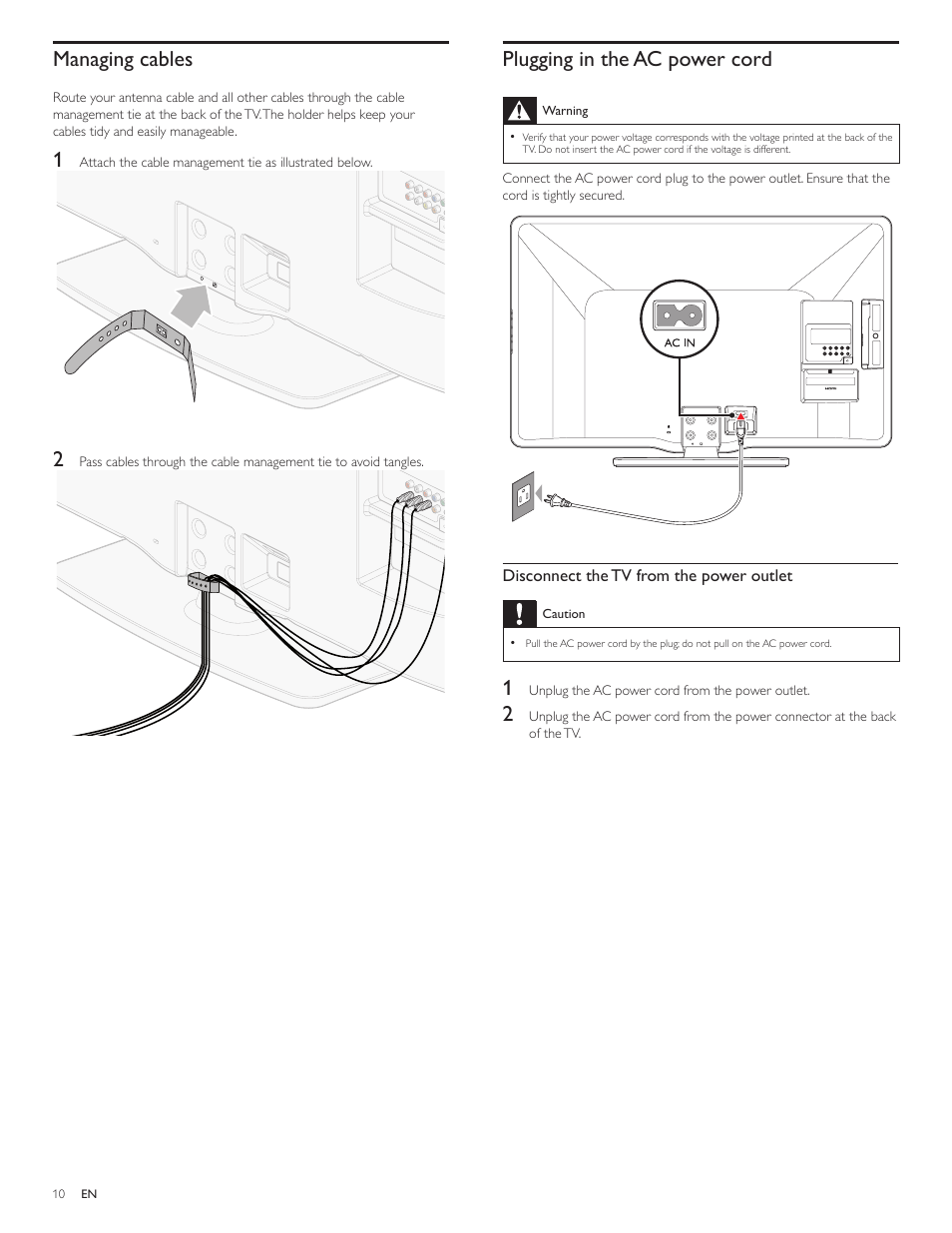 Managing cables, Plugging in the ac power cord | Philips 46PFL3706-F7 User Manual | Page 11 / 36