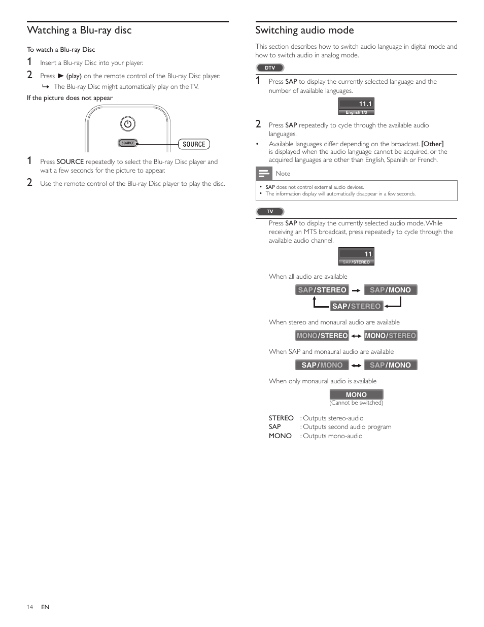 Watching a blu-ray disc, Switching audio mode | Philips 46PFL3706-F7 User Manual | Page 15 / 36
