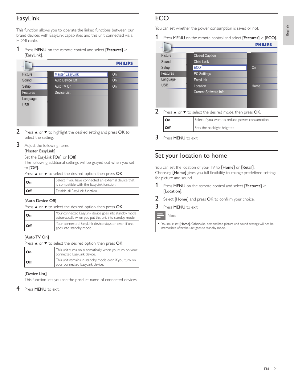 Easylink, Set your location to home | Philips 46PFL3706-F7 User Manual | Page 22 / 36