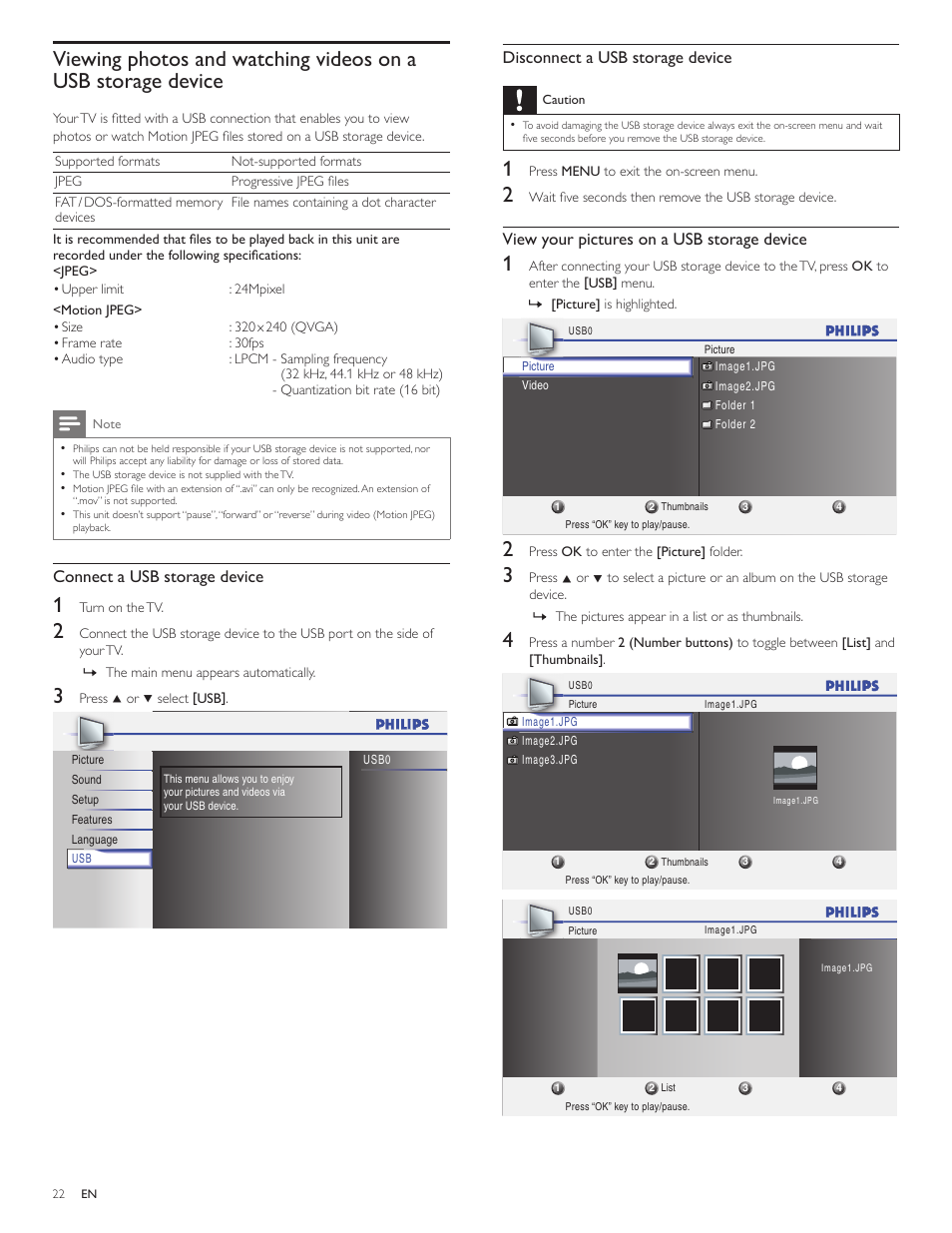 Connect a usb storage device, Disconnect a usb storage device, View your pictures on a usb storage device | Philips 46PFL3706-F7 User Manual | Page 23 / 36