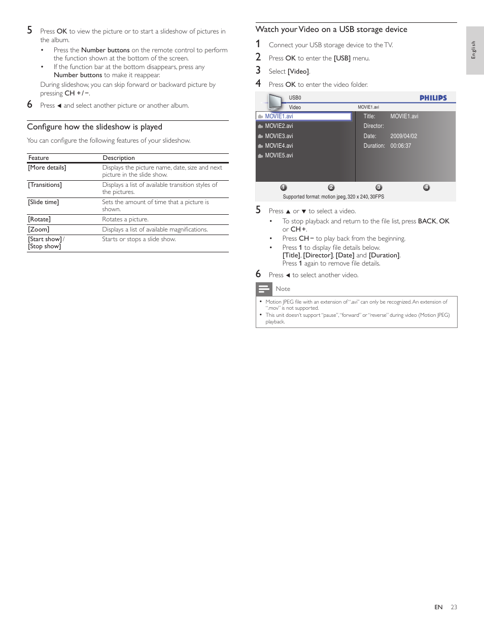 Configure how the slideshow is played, Watch your video on a usb storage device | Philips 46PFL3706-F7 User Manual | Page 24 / 36