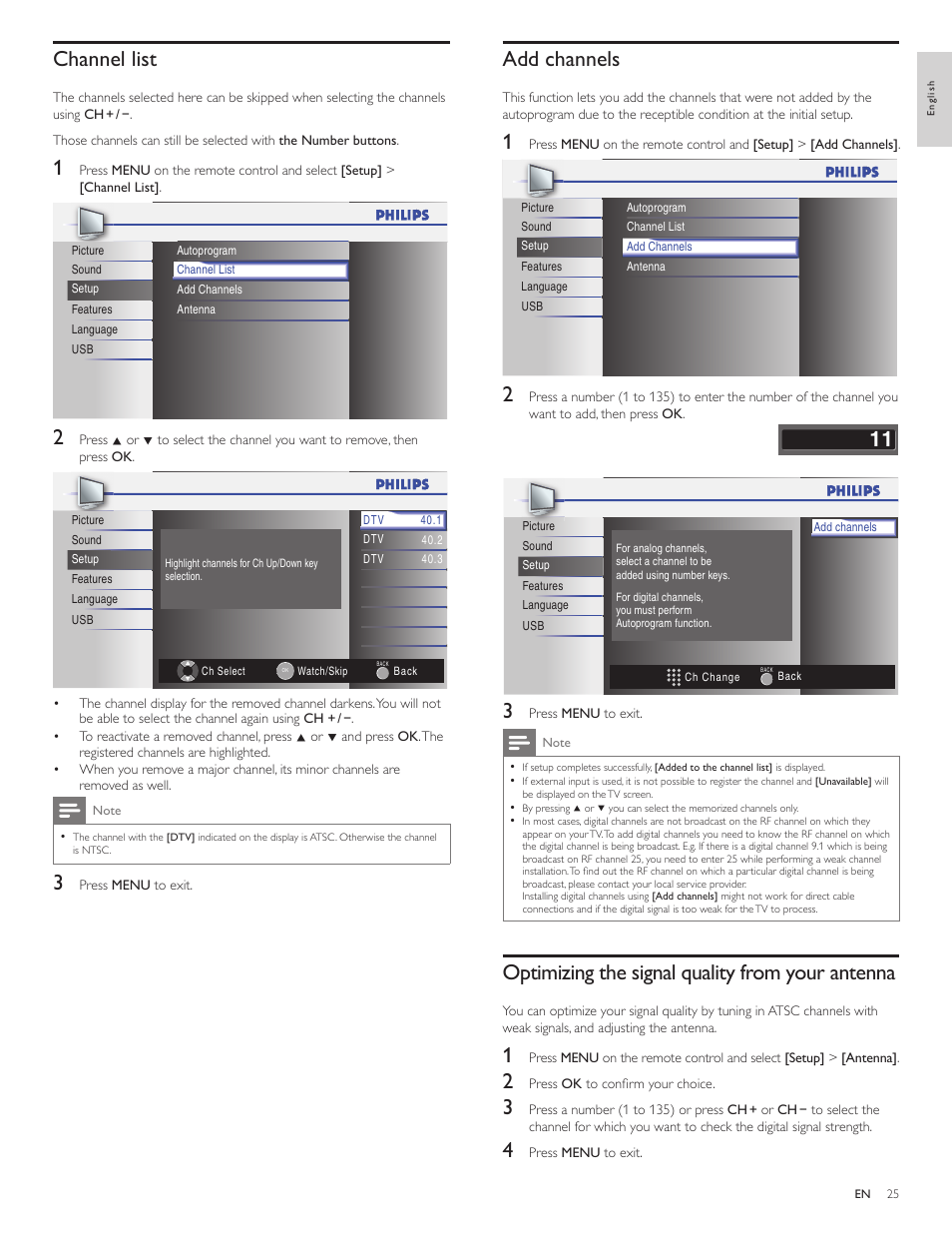Channel list, Add channels, Optimizing the signal quality from your antenna | Philips 46PFL3706-F7 User Manual | Page 26 / 36