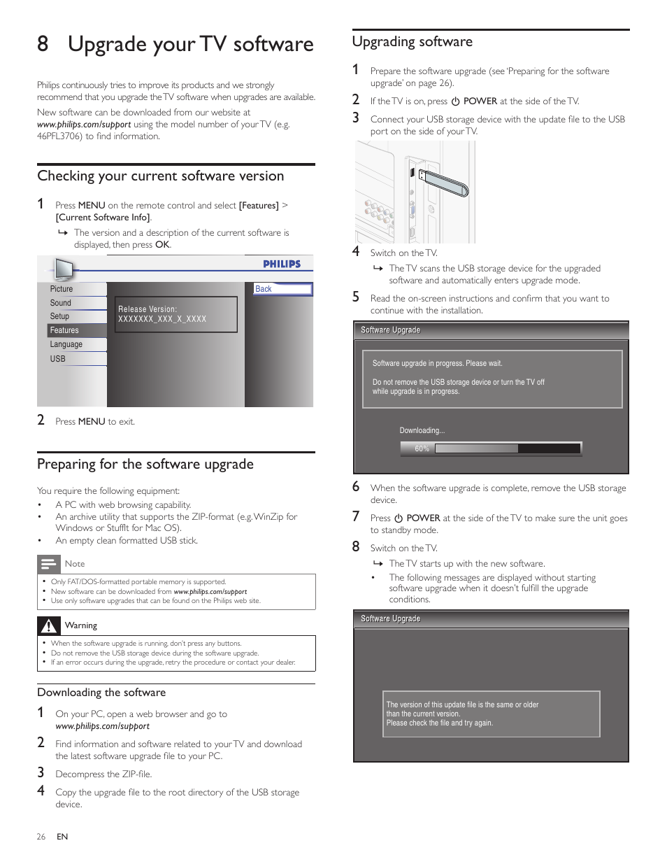 8 upgrade your tv software, Checking your current software version, Preparing for the software upgrade | Upgrading software, Checking your current software version 1, Upgrading software 1 | Philips 46PFL3706-F7 User Manual | Page 27 / 36