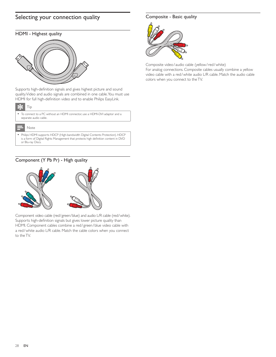 Selecting your connection quality, Hdmi - highest quality, Component (y pb pr) - high quality | Composite - basic quality | Philips 46PFL3706-F7 User Manual | Page 29 / 36