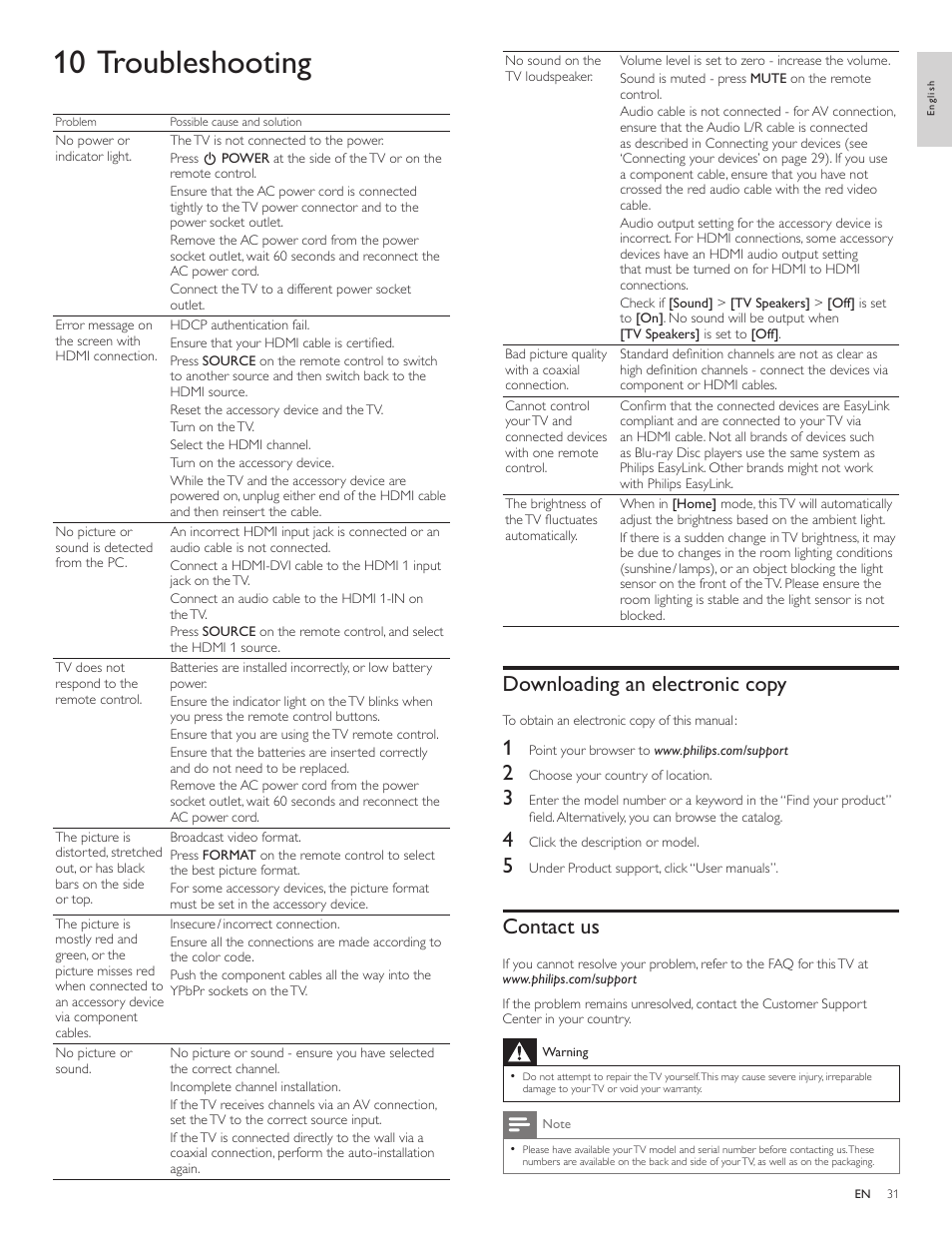 10 troubleshooting, Downloading an electronic copy, Contact us | Philips 46PFL3706-F7 User Manual | Page 32 / 36