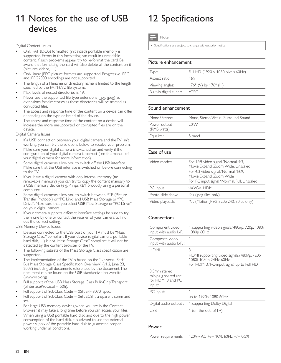 11 notes for the use of usb devices, 12 specifications | Philips 46PFL3706-F7 User Manual | Page 33 / 36