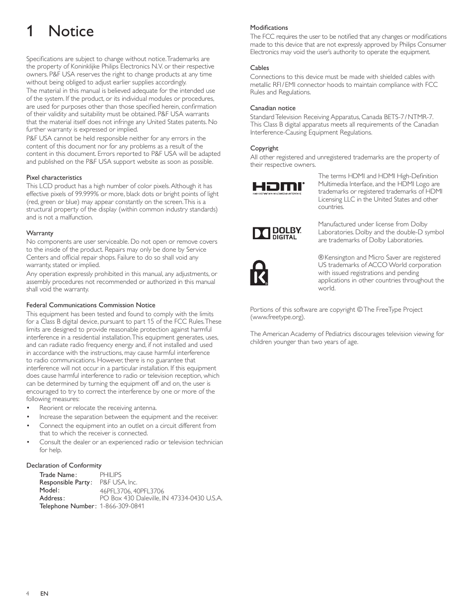 1 notice | Philips 46PFL3706-F7 User Manual | Page 5 / 36