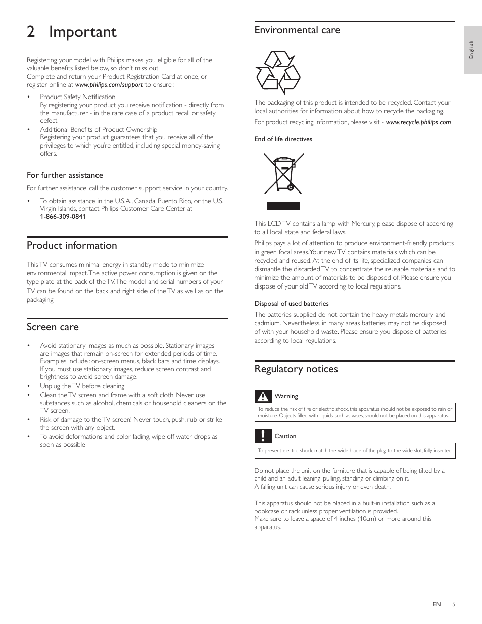 2 important, Product information, Screen care | Environmental care, Regulatory notices | Philips 46PFL3706-F7 User Manual | Page 6 / 36