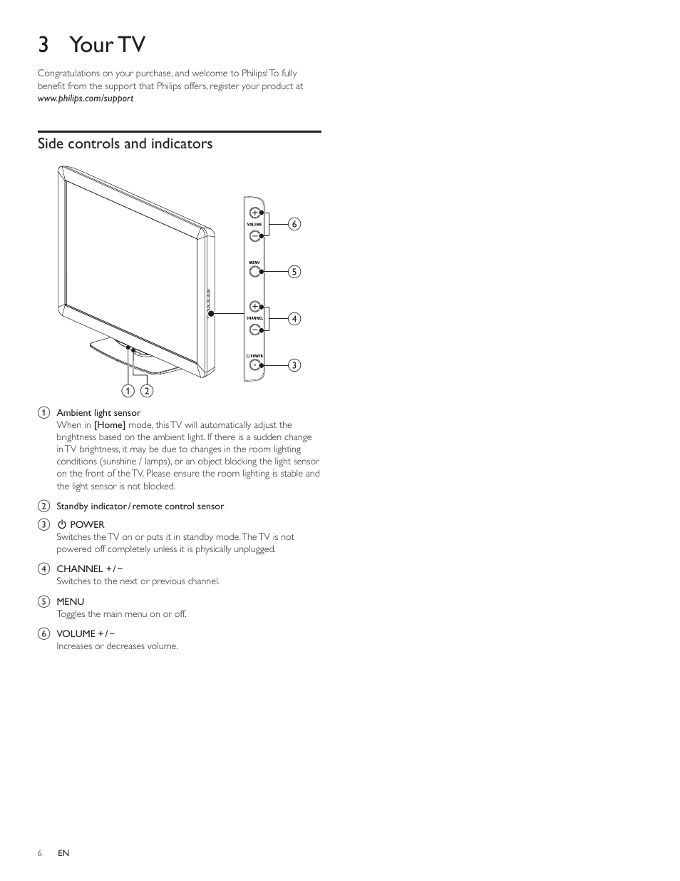 3 your tv, Side controls and indicators | Philips 46PFL3706-F7 User Manual | Page 7 / 36