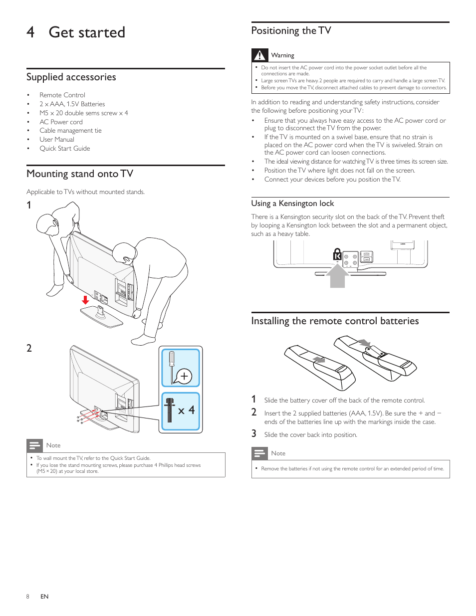 4 get started, Supplied accessories, Mounting stand onto tv | Positioning the tv, Installing the remote control batteries, Installing the remote control batteries 1 | Philips 46PFL3706-F7 User Manual | Page 9 / 36