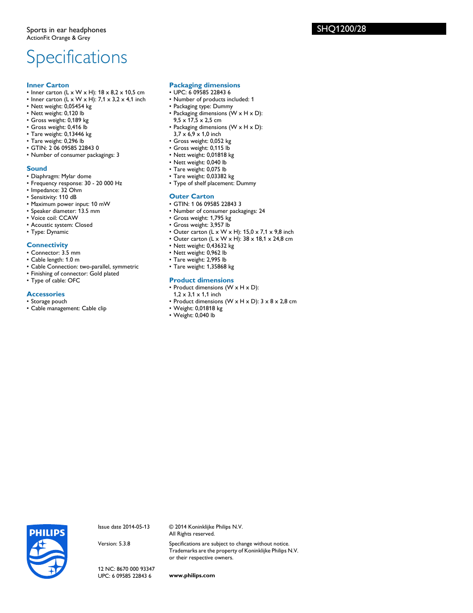 Specifications | Philips SHQ1200-28 User Manual | Page 3 / 3