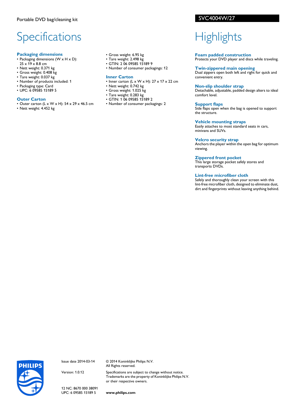 Specifications, Highlights | Philips SVC4004W-27 User Manual | Page 2 / 2