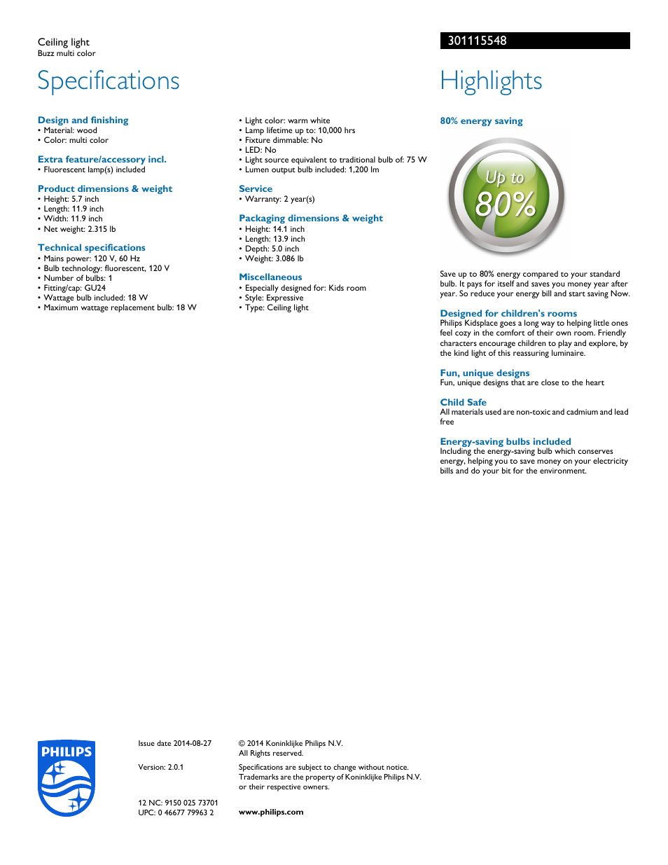Specifications, Highlights | Philips 301115548 User Manual | Page 2 / 2