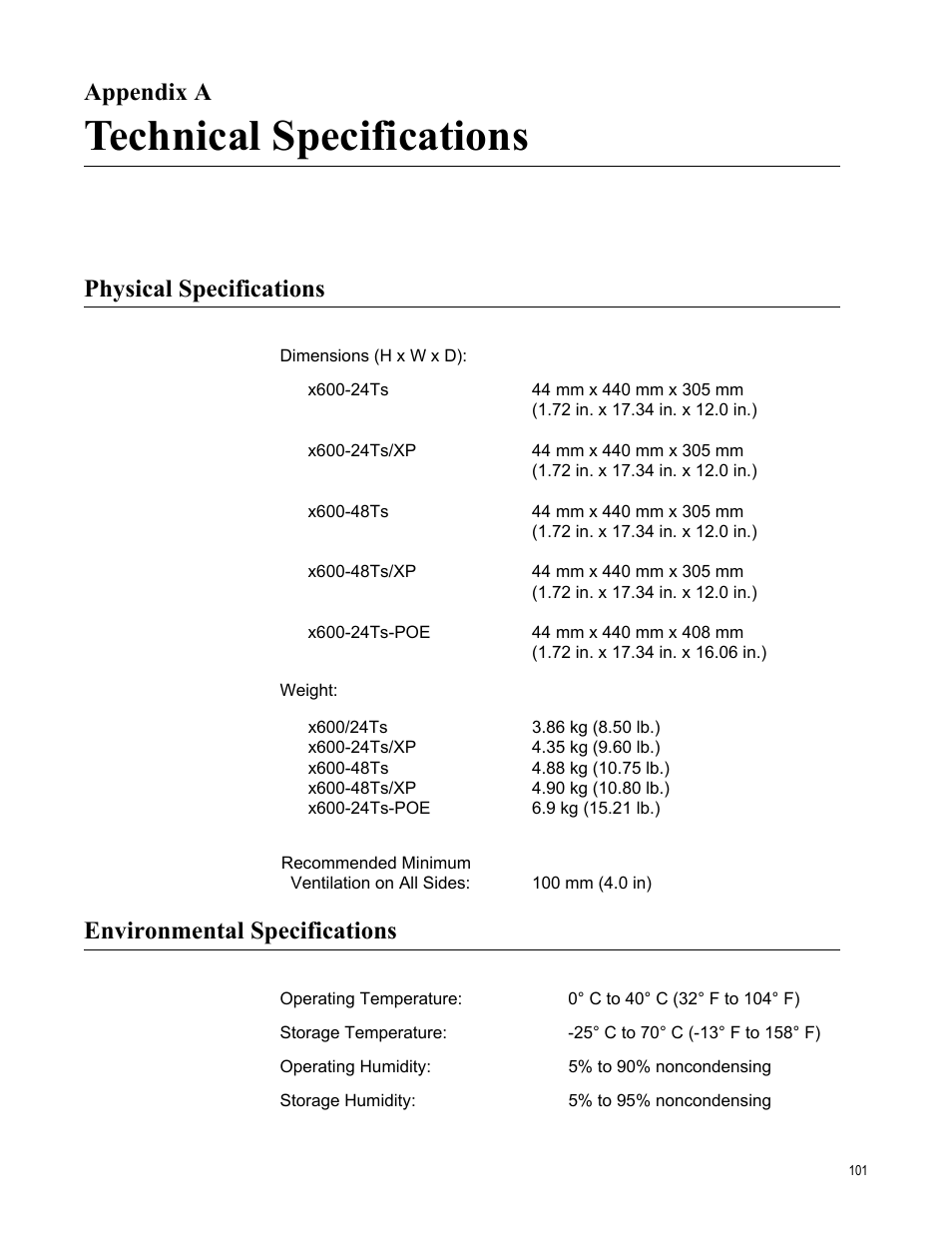 Appendix a, Technical specifications, Physical specifications | Environmental specifications, Appendix a: technical specifications, In appendix a, technical specifications | Allied Telesis Layer 3 Gigabit Ethernet Switch x600-24Ts-POE User Manual | Page 101 / 110