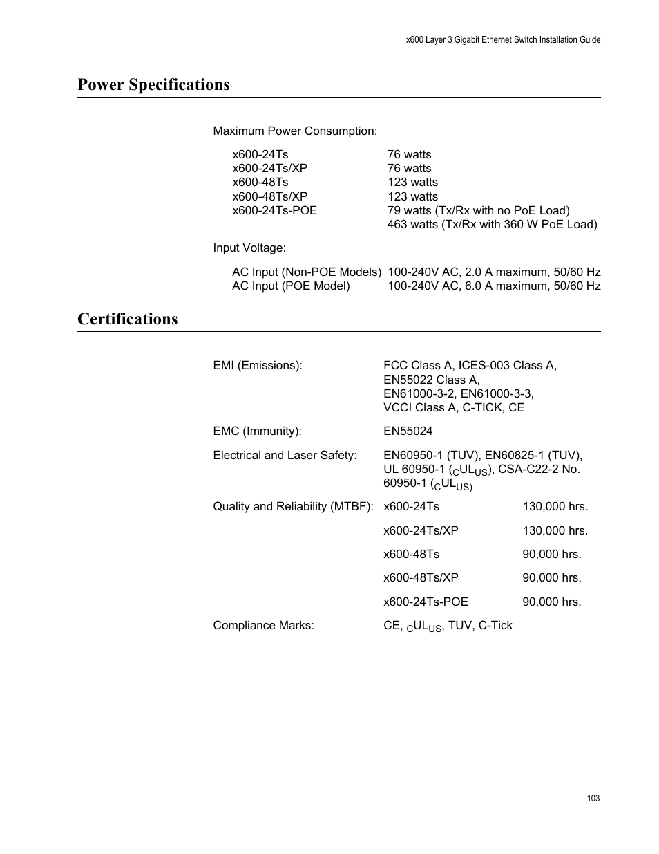Power specifications, Certifications, Power specifications certifications | Allied Telesis Layer 3 Gigabit Ethernet Switch x600-24Ts-POE User Manual | Page 103 / 110